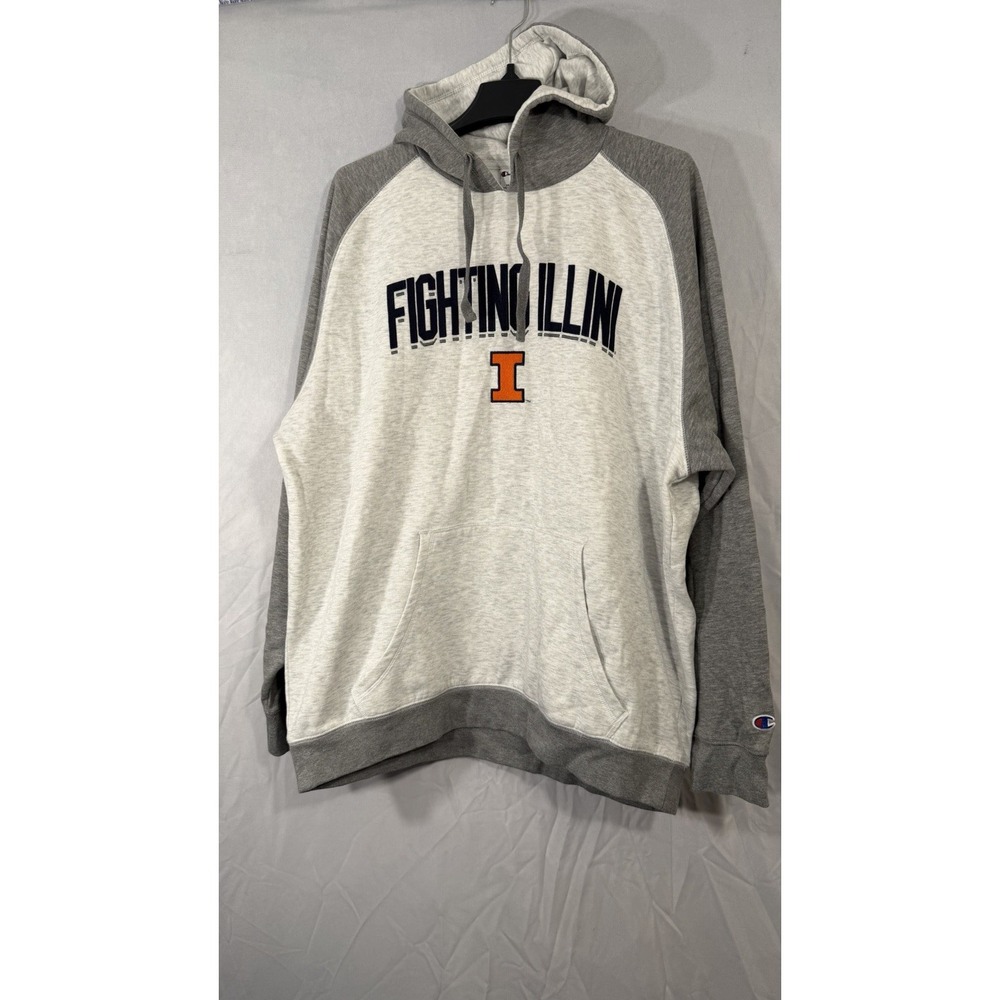 Champion Fighting Illini Embroidered Pullover Drawstring Hoodie Gray‎ Men's 2XL